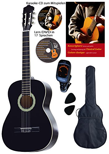 Konzertgitarre 4 4, schwarz, Rosewood Griffbrett und Brücke, Fichtendecke, Lern DVD, Karaoke CD, Songbook, gepolsterte Tasche mit Rückengarniture, 2 Stück Plectren, digitales Stimmgerät, Starter Set von Clfton