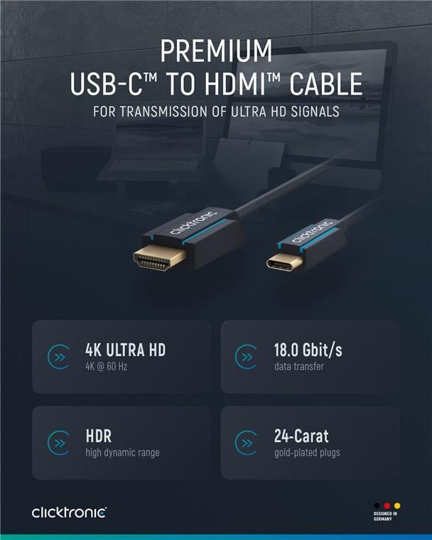 ClickTronic 44930 Videokabel-Adapter 3 m USB Typ-C HDMI Typ A (Standard) Schwarz (44930) von Clicktronic