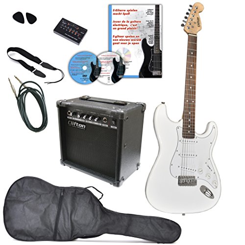 Clifton E Gitarren Set white mit Lern DVD Karaoke Cd Songbook Verstärker Tuner plectren Gurt Kabel von Clifton