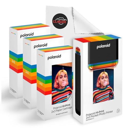 Clikoze Tragbares Sofort-Fotodrucker-Set mit Polaroid Hi-Print Generation 2 2 x 3 Pocket Fotodrucker, Polaroid-Papierpatrone, 60 Blatt Kamera-Objektivtuch (schwarz) von Clikoze