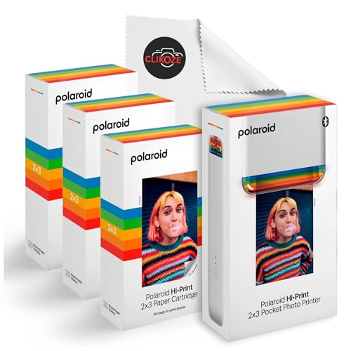 Clikoze Tragbares Sofort-Fotodrucker-Set mit Polaroid Hi-Print Generation 2 2 x 3 Pocket Fotodrucker, Polaroid-Papierpatrone, 60 Blatt Kamera-Objektivtuch (weiß) von Clikoze