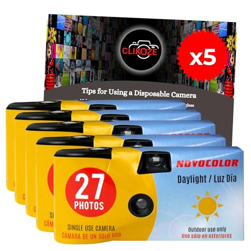 Einweg-Kamera-Set mit Novocolor Tageslicht-Einwegkamera, 27 Belichtungen und Clikoze Fotografie-Tipps Karte (5 Kameras) von Clikoze
