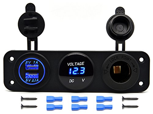 Cllena Dual-USB-Ladegerät + LED-Voltmeter + 12 V Steckdose Steckdose Panel Jack für Auto Boot Marine Digitalgeräte Handy Tablet (blaue LED) von Cllena