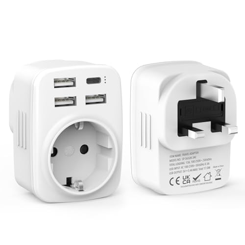 2 Stück Reiseadapter UK Adapter England Deutschland Stecker mit1*AC & 1*USB-C & 3*USB-A (3.4A), Reisestecker Typ G Steckdose, Adapter UK zu DE EU Steckdosenadapter für England/Schottland/Irland/Dubai von Clomnpe