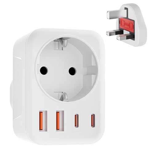 Reiseadapter UK Adapter England Deutschland Stecker,UK Adapter mit 2USB+2USB C(3.4A),5-in-1 Adapter UK,Steckdosenadapter England,Reiseadapter typ g für England Ireland UK,Katar,Malaysia,Dubai,Maldives von Clomnpe