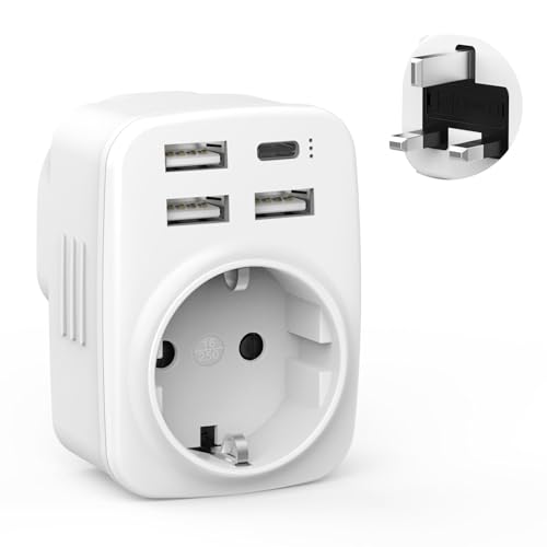 Reiseadapter UK Adapter England Deutschland Stecker mit 1 USB C 3 USB(3.4A),mit 1 Steckdose,UK Adapter,Steckdosenadapter England,Reiseadapter typ G für England Ireland UK,Dubai,Maldives,Katar,Malaysia von Clomnpe