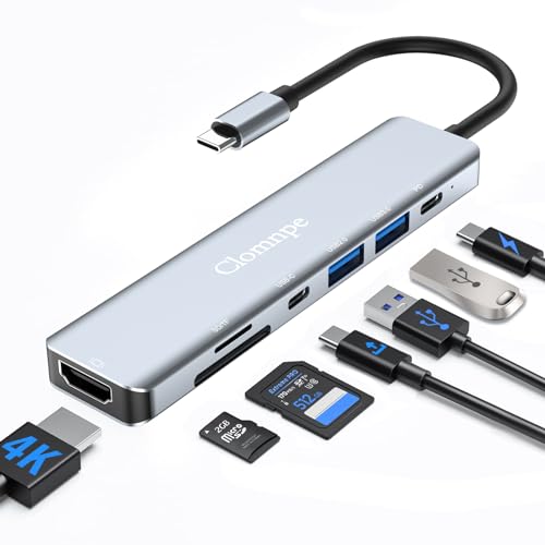 USB C Hub, 7-in-1 USB Type-C auf HDMI 4K/ PD 87W/ SD & TF Kartenleser/USB 3.0, USB 2.0, USB-C Datenanschlüsse, Typ-C Multi Adapter für MacBook Air/Pro, iPad Pro, Chromebook, Huawei, Dell XPS, HP, von Clomnpe