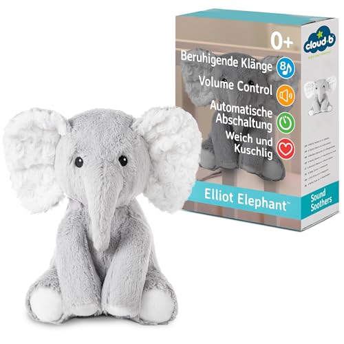 Cloud b Soundmaschine mit weißem Rauschen beruhigenden Geräuschen | Kuscheliges Stofftier | Einstellbare Einstellungen und automatische Abschaltung | Elliot Elephant™ von Cloud b