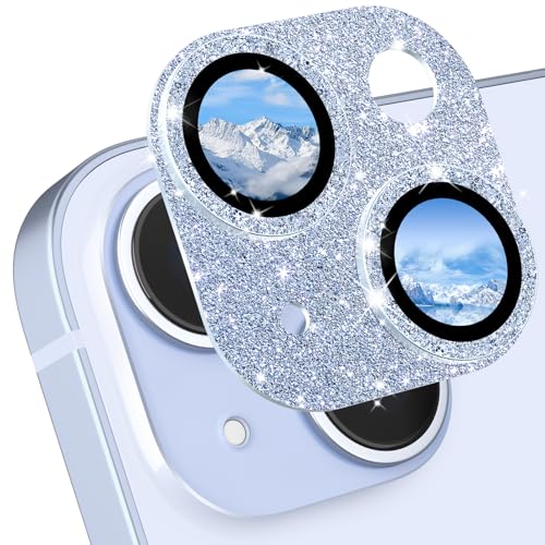 CloudValley Glitzer Kameraschutz für iPhone 15/iPhone 15 Plus Kamera Schutz, Ultra-Klar Schutzfolie Kratzfest [Voller Deckungsgrad] 9H Härte HD Camera Protector, GlitzerBlau von CloudValley
