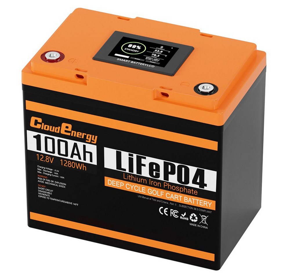 Cloudenergy 12V 100Ah LiFePO4 Batterie Backup-Strom 1280Wh Energie, 6000+ Zyklen Akkupacks 100000 mAh (12.8 V), Eingebautes 100A BMS, Unterstützung in Serie/Paralle von Cloudenergy