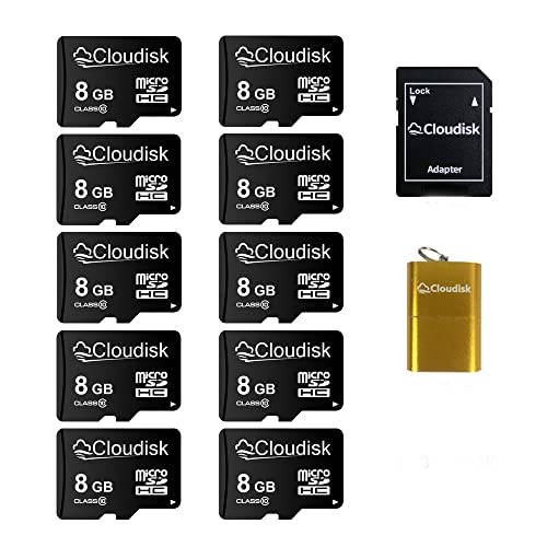 Cloudisk 10-Pack Micro SD Karte 8GB U1 C10 in Bulk MicroSDHC UHS-I mit MicroSD Adapter und USB Kartenleser Speicherkarte (Micro SD Karte 8 GB) von Cloudisk