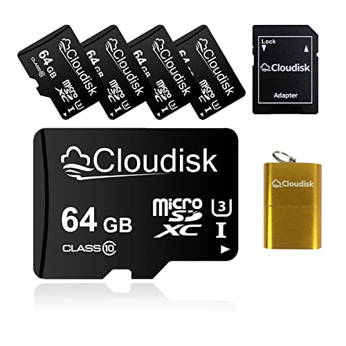 Cloudisk 5Pack 64GB MicroSD Karte Micro SDXC Speicherkarte mit Full Size Adapter und Kartenleser, UHS-I, U3, Class10, Bulk Sale von Cloudisk