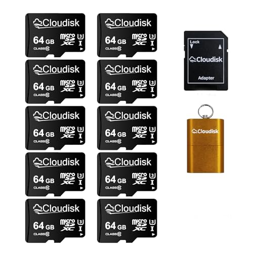 Cloudisk 64GB Micro SD Karte 10-Pack, microSDXC UHS-I Flash Speicherkarte mit Adapter, Kartenleser, C10, U3, Full HD, 4K UHD, High Speed TF Karte von Cloudisk
