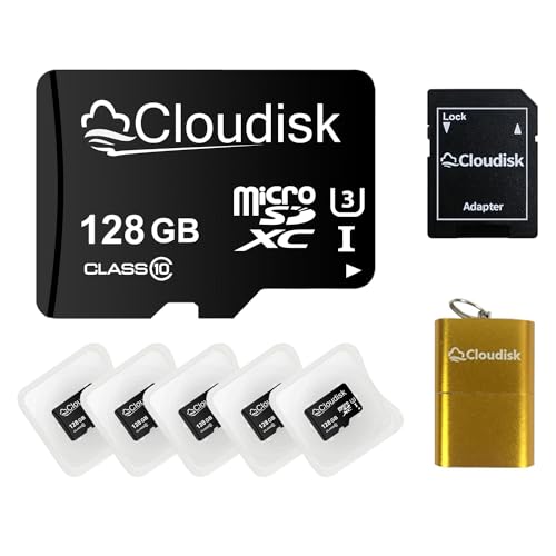 Cloudisk Pack von 5 Micro SD Karte 128GB Flash Speicherkarte Micro SDXC C10 A2 U3 mit SD Adapter, Kartenleser von Cloudisk
