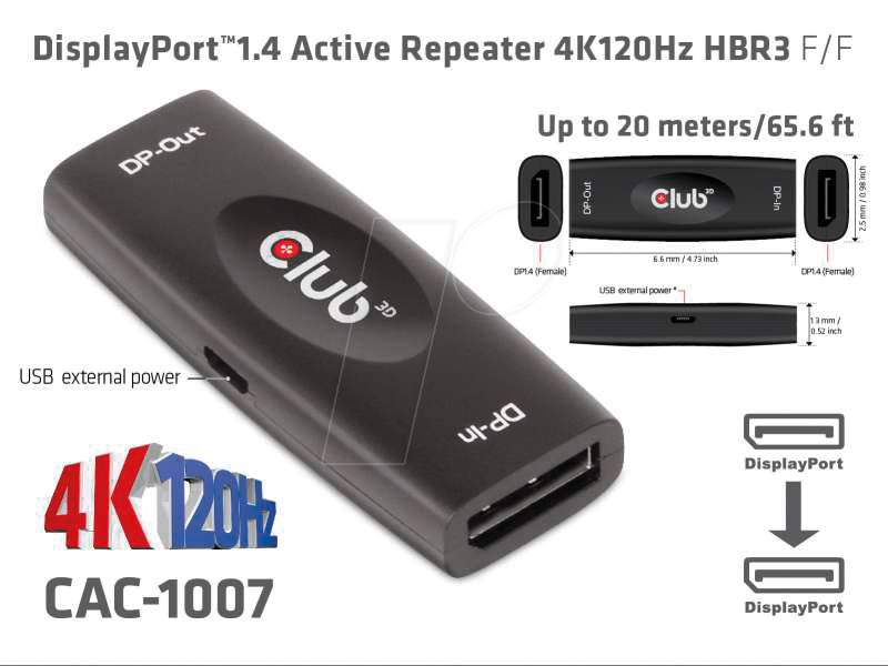 C3D CAC 1007 - DisplayPort 1.4 Repeater, 4K 120 Hz, 20 m von Club 3D