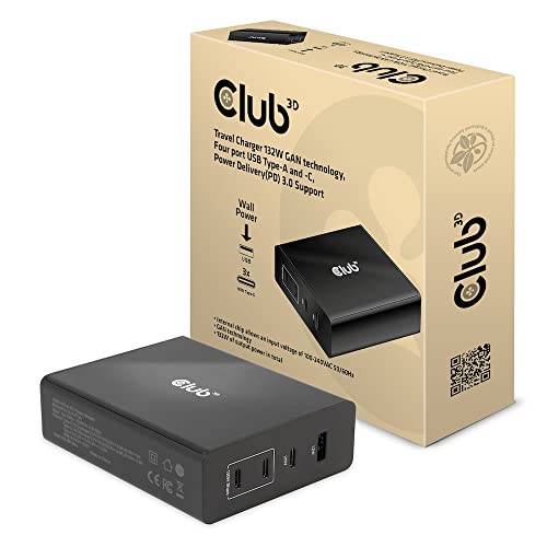 CLUB3D Reiseladegerät CAC-1906 132W GAN-Technologie, USB Typ-A und -C mit Vier Anschlüssen, Power Delivery (PD) 3.0-Unterstützung von Club 3D