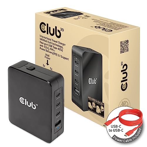 Club 3D CAC-1917 Reise-Ladegerät 140W GaN-Technologie, USB Typ-A(1x) und Typ-C(3X), PPS + Power Delivery (PD) 3.1 Unterstützung von Club 3D