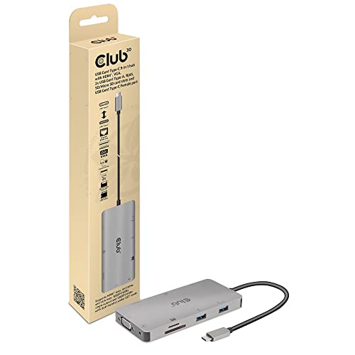 Club 3D CSV-1594 USB Gen1 Typ-C 9-in-1 Hub mit HDMI, VGA, 2X USB Gen1 Typ-A, RJ45, SD/Micro SD Kartenslots und USB Gen1 TypeC Buchse, Silber von Club 3D
