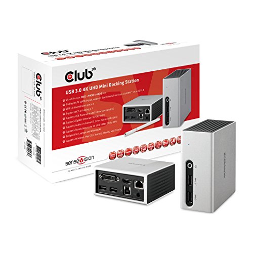 Club 3D SenseVision USB 3.0 4K Mini Docking Station-1x HDMI UHD, 1x DVI-D, 4x USB3.0, 2x USB BC 1.2 Schnelladen, 1x RJ45, 1x 2.1ich /Mich, LED Funktionsleiste, Aluminium/schwarz von Club 3D