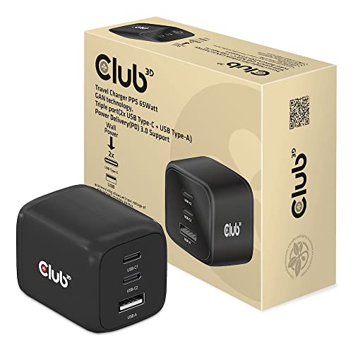 Club3D Reiseladegerät CAC-1913EU PPS 65Watt GAN-Technologie, Dreifachanschluss (2X USB Typ-C + USB Typ-A) Power Delivery (PD) 3.0 Unterstützung von Club 3D