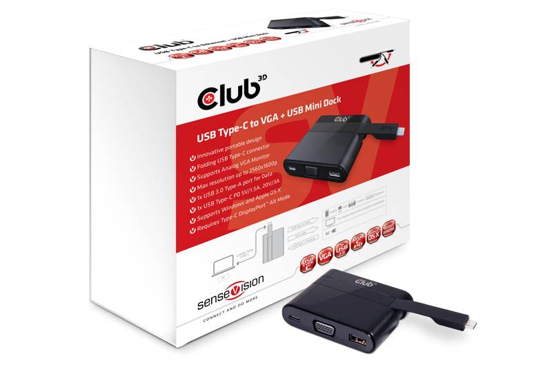 CLUB3D USB 3.0 Type-C to VGA + USB Mini Dock - Kabel - USB 3.1 (3.1 Gen 2) Type-? - Universal - USB Type C port is for Charging purpose only up to 60Watts - Schwarz (CSV-1532) von Club3D