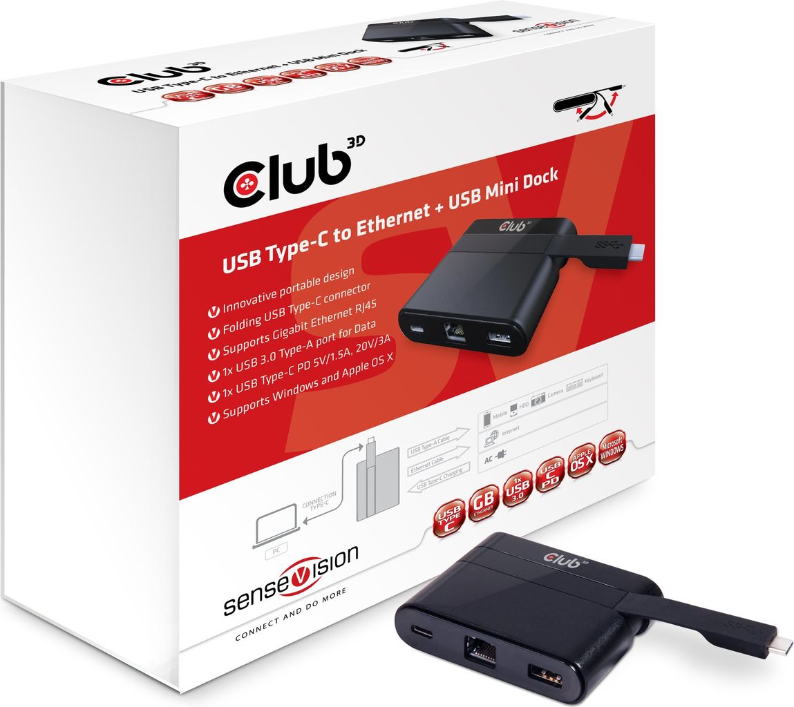 CLUB3D USB Type-C to Ethernet + USB Mini Dock - Kabel - USB 3.0 (3.1 Gen 1) Type-? - Universal - USB Type C port is for Charging purpose only up to 60Watts - Schwarz (CSV-1530) von Club3D