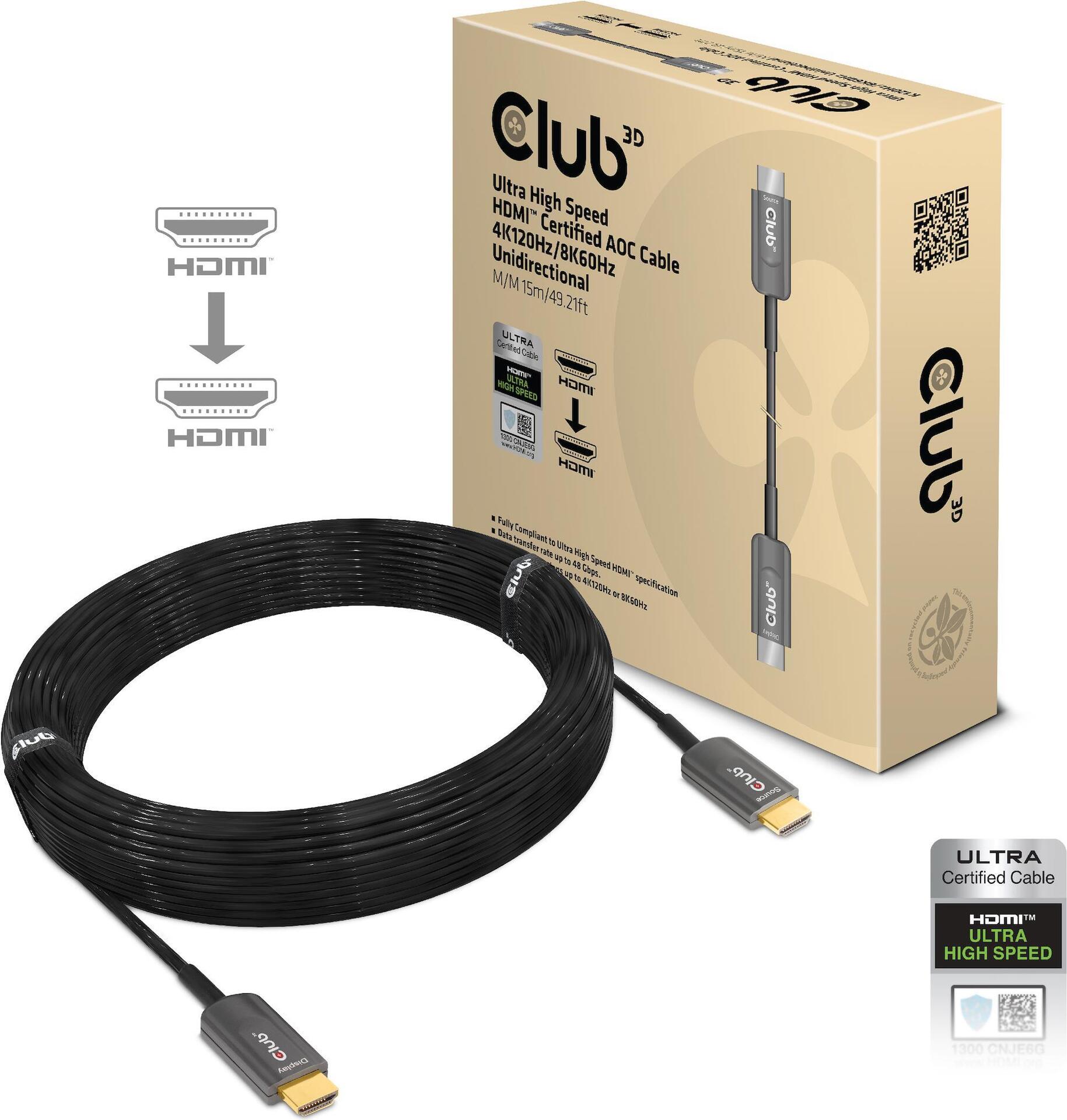 Club 3D CAC-1377 - Ultra High Speed HDMI-Kabel - HDMI (M) bis HDMI (M) - 15 m - Glasfaser - Active Optical Cable (AOC), Support von 4K 120 Hz, Support von 8K 60 Hz, unidirektional von Club3D