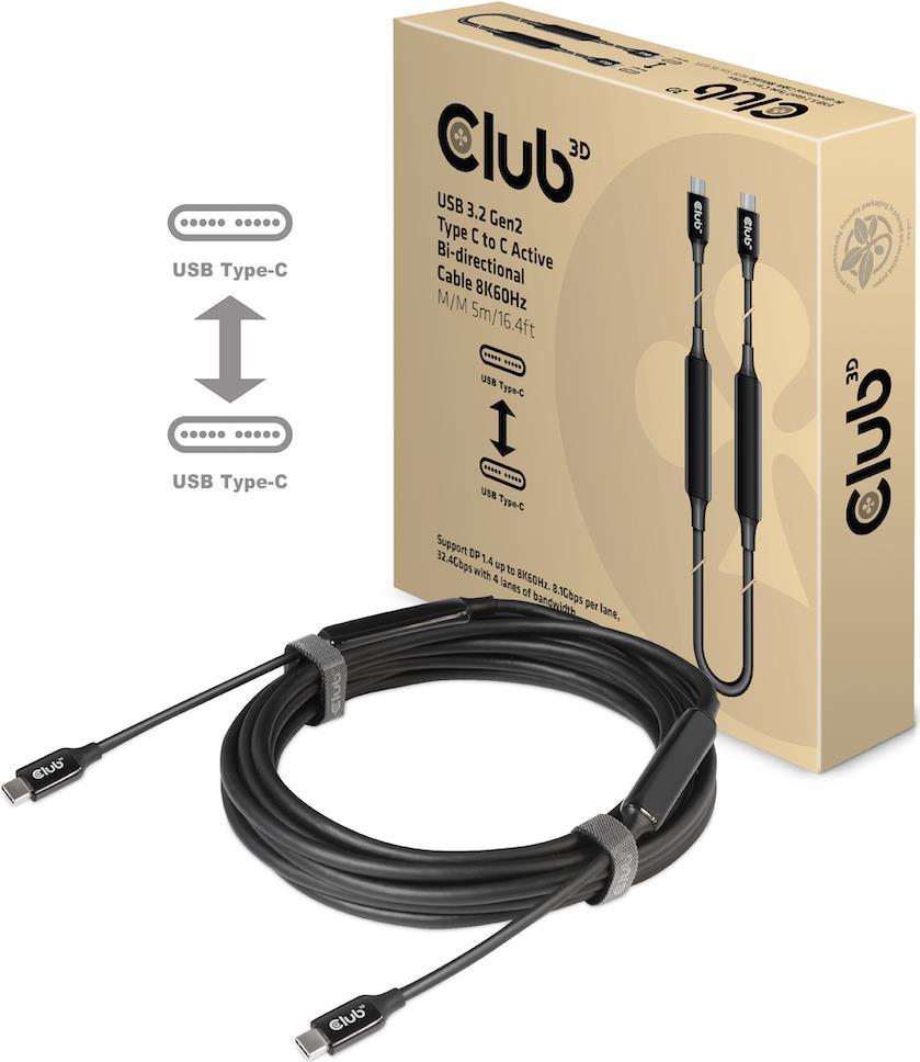 Club 3D CAC-1535 - USB-Kabel - USB-C (M) bis USB-C (M) - USB 3.2 Gen 2 / DisplayPort 1.4 - 20 V - 3 A - 5 m - aktiv, USB Power Delivery (3A, 60W), 8K Unterstützung, bi-directional von Club3D