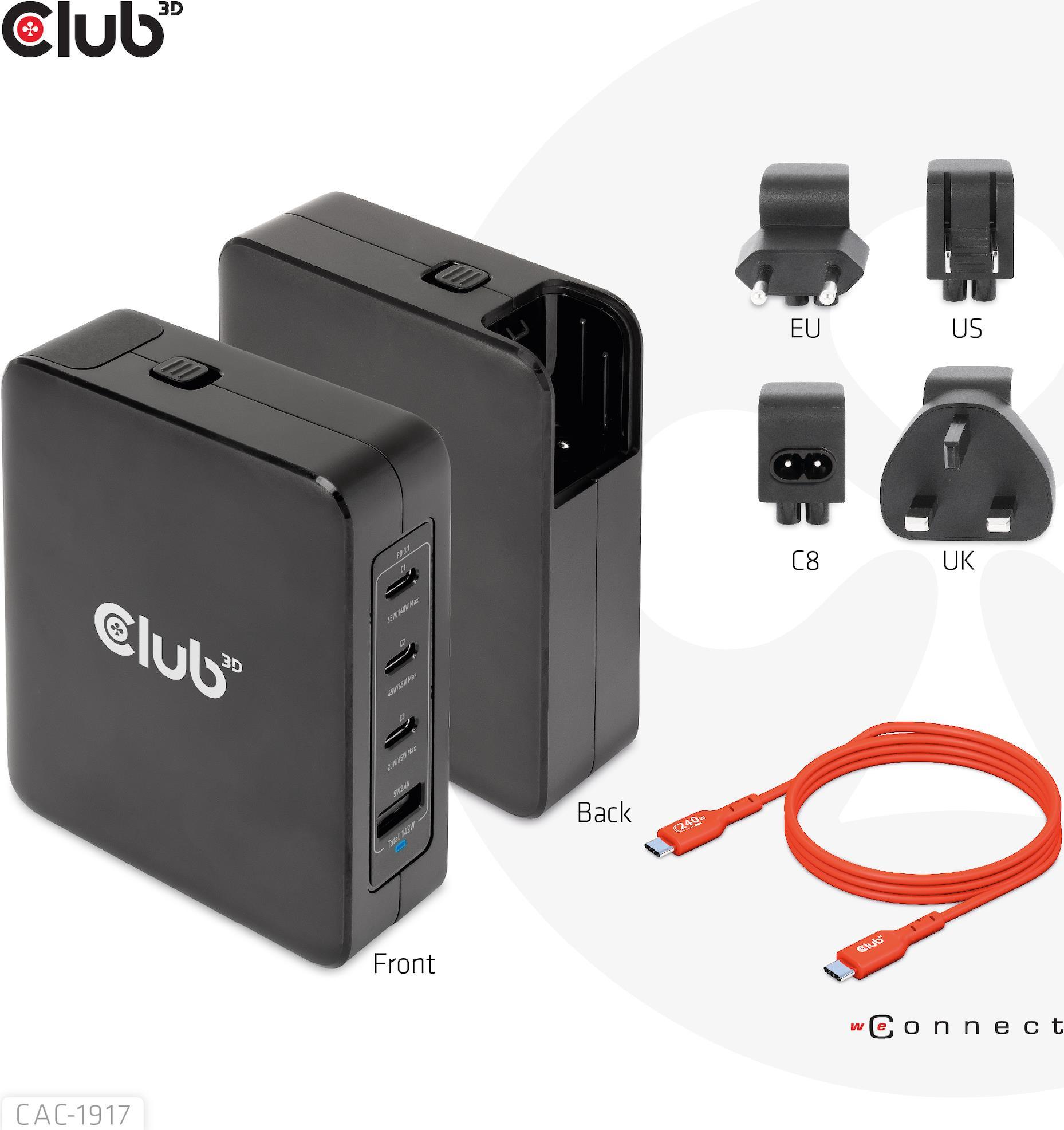 Club 3D CAC-1917 - Netzteil - GaN-Technologie - 140 Watt - 5 A - Power Delivery 3.1, PD/PPS - 4 Ausgabeanschlussstellen (USB, 3 x USB-C) - auf Kabel: USB-C - International von Club3D