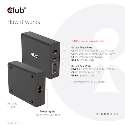 Club 3D Reise Ladegerät PPS 132W GAN, USB Typ-C/Typ-A Power Delivery (PD) 3.0 von Club3D