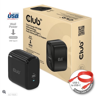 Club 3D Reise Ladegerät PPS 65W GAN, USB Typ-C Power Delivery (PD) 3.0 von Club3D