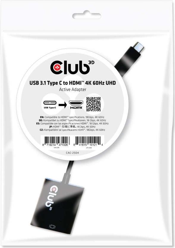 Club 3D USB 3.1 Type C to HDMI 2.0 UHD 4K Active Adapter - Externer Videoadapter - USB-C 3.1 - HDMI von Club3D