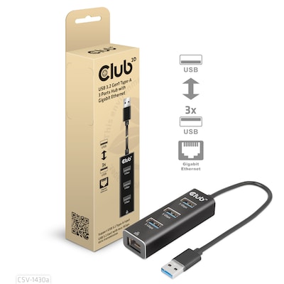 Club 3D USB 3.2 Gen1 Typ-A, 3 Ports Hub mit Gigabit Ethernet von Club3D