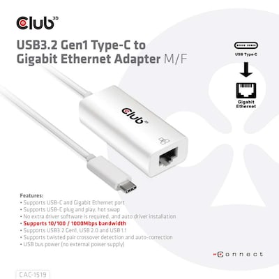 Club 3D USB 3.2 Gen2 Typ-C auf Gigabit Ethernet LAN Adapter 0,2m schwarz Club 3D USB 3.2 Gen2 Typ-C auf Gigabit Ethernet LAN Adapter 0,2m schwarz von Club3D