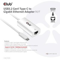 Club 3D USB 3.2 Gen2 Typ-C auf Gigabit Ethernet LAN Adapter 0,2m schwarz Club 3D USB 3.2 Gen2 Typ-C auf Gigabit Ethernet LAN Adapter 0,2m schwarz von Club3D