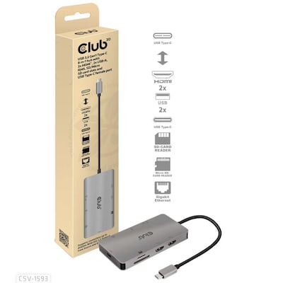 Club 3D USB Gen1 Typ-C 8-in-1 Hub mit 2x HDMI, 2x USB-A, RJ45, SD/Micro SD, grau von Club3D