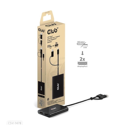 Club 3D USB Typ-C (mit USB Typ-A Adapter) auf dualen DisplayPort (4K60Hz) Video Splitter schwarz von Club3D