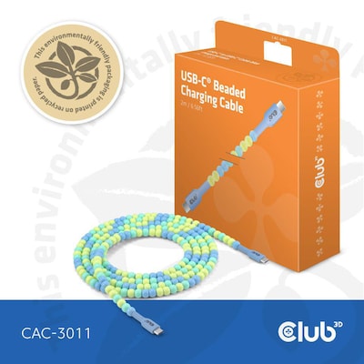 Club 3D USB Typ-C zu Typ-C Perlen Kabel 60W 2m blau Club 3D USB Typ-C zu Typ-C Perlen Kabel 60W 2m blau von Club3D