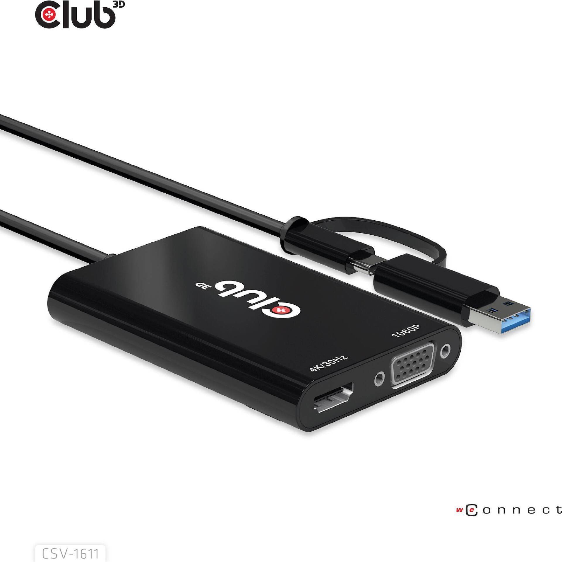 Club 3D - Videoadapter - USB Typ A, USB-C (M) zu HD-15 (VGA), HDMI (W) - Zweibildschirmbetrieb, 4K30Hz (3840 x 2160) Support (HDMI), 1080p-Unterstützung, 60 Hz (VGA) (CSV-1611) von Club3D