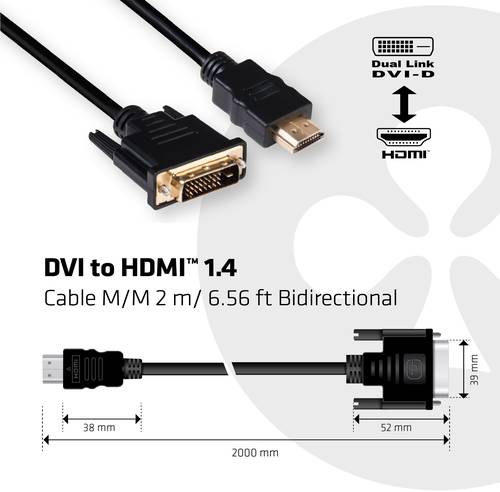 Club3D DVI / HDMI Adapterkabel DVI-D 24+1pol. Stecker, HDMI-A Stecker 2.00m Schwarz CAC-1210 Flammwi von Club3D