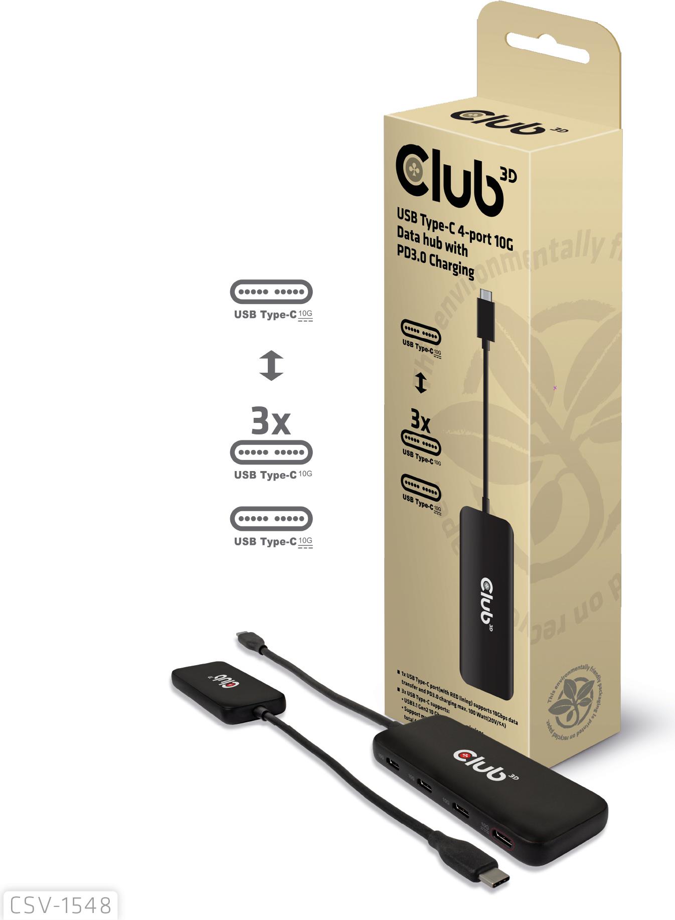 Club3D USB-Hub Typ C > 4x USB Typ C 10Gbps + 100W PD St/Bu retail (CSV-1548) von Club3D
