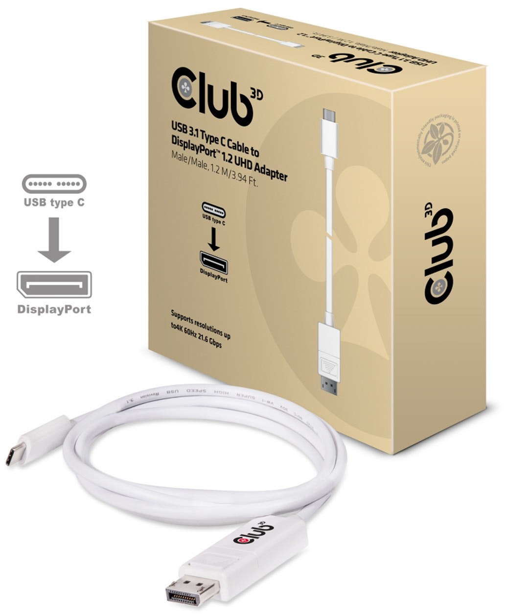 USB 3.1 C > DP 1.2 UHD (1,2m) Kabel Stecker > Stecker von Club3D