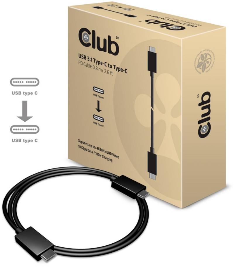 USB 3.1 Gen 2 Type-C PD 100W (0,8m) Stecker > Stecker von Club3D