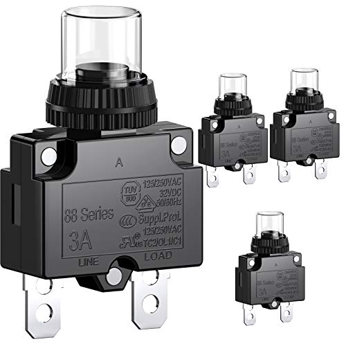 CLDIY 3A-Leistungsschalter mit thermischem Überlastungsschutz, Serie 88, manueller Drucktaster-Reset mit Schnellanschlussklemmen und wasserdichter Tastenkappe, 32 VDC oder 125/250 VAC, 4 STÜCKE von Clyxgs