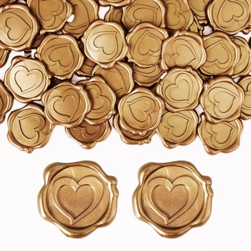 CoKeeSun 50 Stück Goldene Wachssiegel Selbstklebend, Wachssiegel Aufkleber Vintage, Siegelaufkleber Hochzeit, Klassische Dekoration für Einladungen, Umschläge, Geburtstage und Partys (Herz) von CoKeeSun