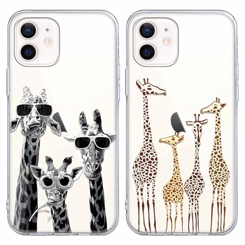 Coalbooliy 2 Stück HandyHülle für Apple iPhone 12 Pro/iPhone 12 Hülle 6,1", Transparent Hülle mit Aesthetic Giraffe Muster Klar Silikon Case Weich TPU Stoßfeste Schutzhülle für Mädchen Cover, 07 von Coalbooliy
