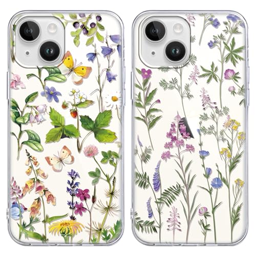 Coalbooliy 2 Stück HandyHülle für Apple iPhone 13/iPhone 14 Hülle 6,1", Transparent Hülle mit Aesthetic Blume Muster Ultra Dünn Klar Silikon Case Weich TPU Stoßfeste Schutzhülle für Mädchen Cover, 08 von Coalbooliy