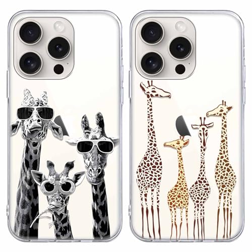 Coalbooliy 2 Stück HandyHülle für Apple iPhone 15 Pro Hülle 6,1", Transparent Hülle mit Aesthetic Giraffe Muster Ultra Dünn Klar Silikon Case Weich TPU Stoßfeste Schutzhülle für Mädchen Cover, 07 von Coalbooliy
