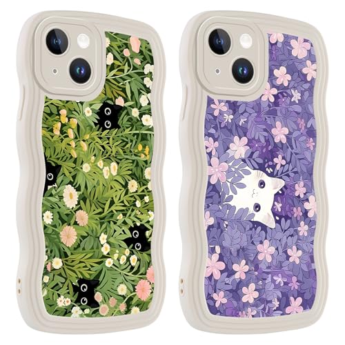 Coalbooliy 2 Stück HandyHülle für iPhone 14 Hülle 6,1”, Aesthetic Blume Muster Design Ultra Dünn Silikon Case Slim Weich TPU Welle Stoßfeste Kameraschutz Schutzhülle Cover für Mädchen, 03 von Coalbooliy