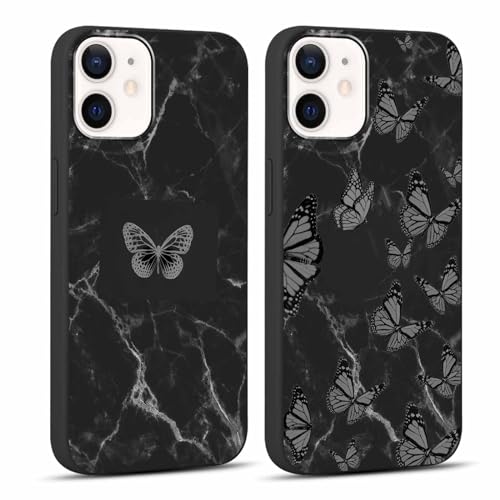 Coalbooliy 2 Stück Handyhülle für iPhone 12 Pro/iPhone 12 6,1", Aesthetic Muster Marmor Schmetterling Design Hülle mit KameraSchutz BildschirmSchutz, Schwarz Silikon Stoßfestes Schutzhülle, 01 von Coalbooliy